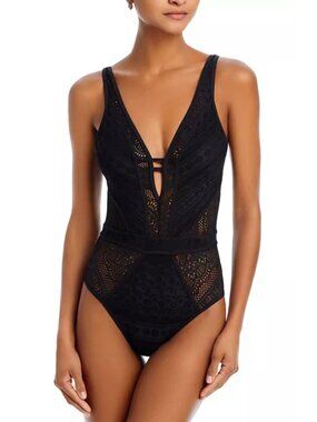 💙 Becca Colorplay Plunge Neck One Piece Swimsuit Size L Preppy Lace Flattering